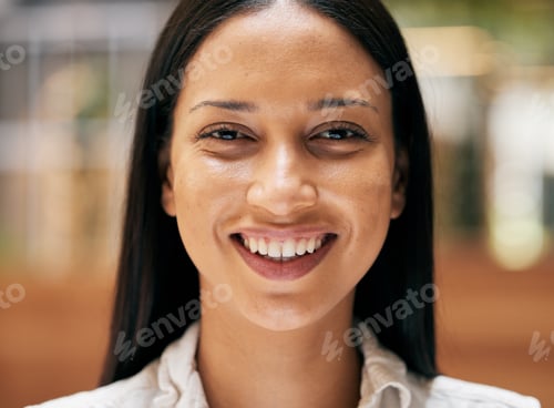 Preview: Face, business woman and smile with success, career satisfaction with corporate worker and company