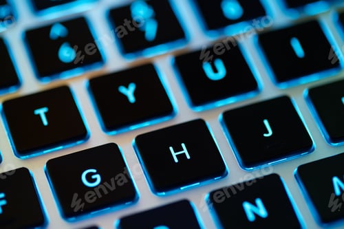 Preview: Keyboard Laptop. Backlit Computer Keyboard Closeup. Hi Tech Concept