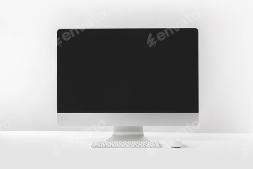 Preview: modern desktop computer with blank screen on white
