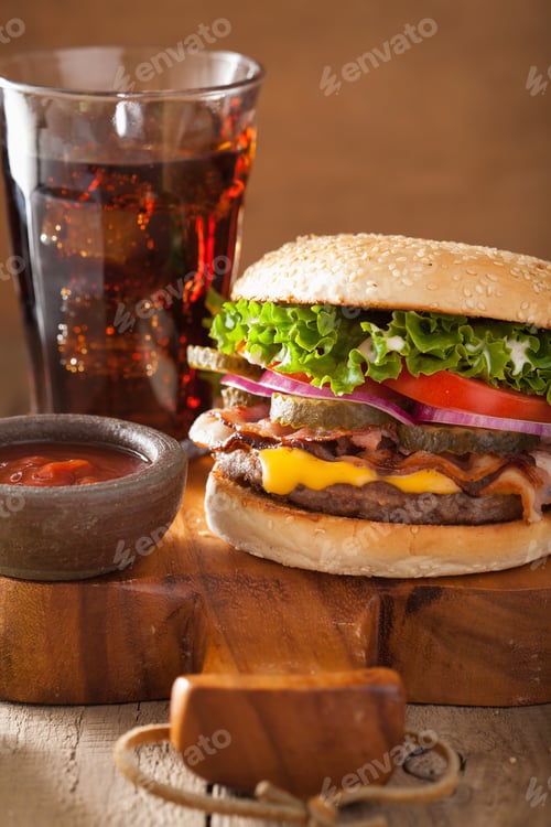 Preview: bacon cheese burger with pickles tomato onion