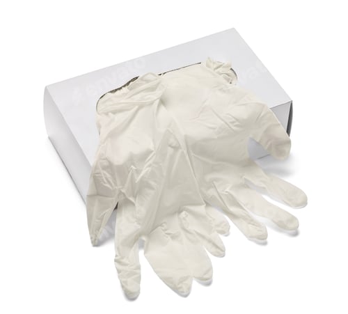Preview: Box of Cream-Colored Medical Gloves on White Background