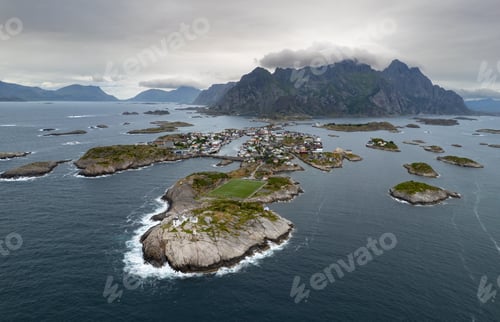 Preview: Drone aerial view of Henningsvaer, lofoten islands, norway, fishing village with football stadium