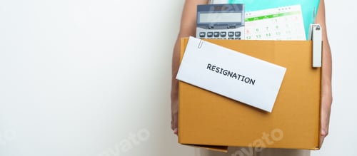 Preview: Farewell concept. Businesswoman holding letter of Resign contract with documents cardboard box