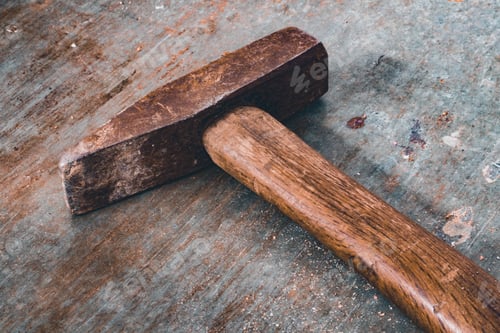 Preview: Closeup of a rusty hammer on a wooden surface