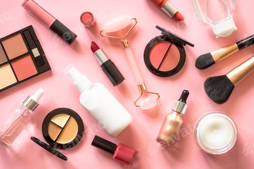 Preview: Makeup professional cosmetics on pink background.