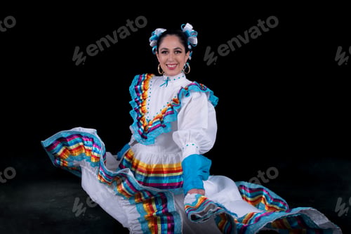 Preview: Latin woman dressed in a dress from Jalisco Mexico,