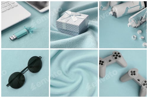 Preview: A set of pictures with fashionable youth objects on a soft fleece surface. Pastel blue color
