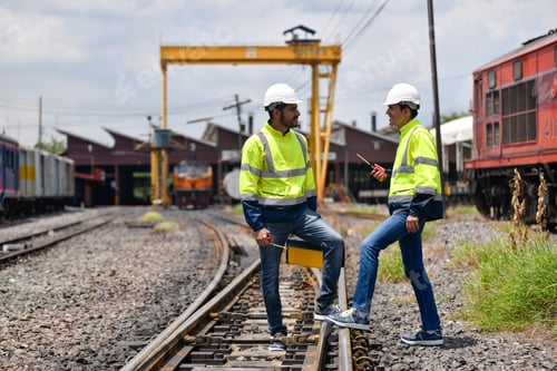 Vorschau: Ingenieur unter Inspektion und Kontrolle des Bauprozesses, der Eisenbahn und der Überprüfung der Arbeiten an der Eisenbahnstraße