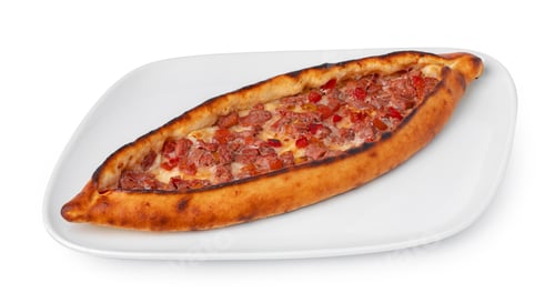 Preview: Turkish boat-shaped flatbread pide isolated on white