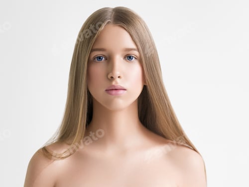 Preview: Long smooth hair clean skin girl healthy skin care natural makeup female portrait isolated on white