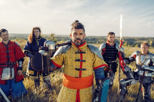 Preview: Medieval knights with swords poses in armor