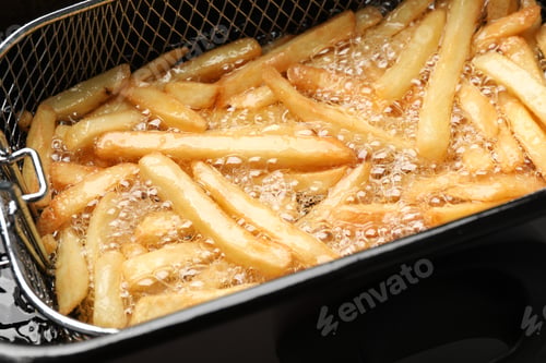Preview: Cooking delicious french fries in hot oil, closeup