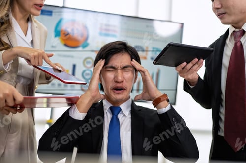 Preview: Stressed overwhelmed business worker feels tired at work overload exhausted suffering from headache