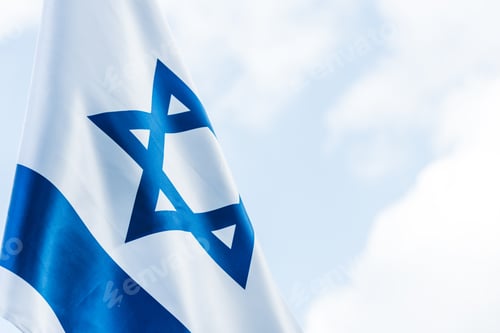 Preview: national flag of israel with blue star of david against sky with clouds
