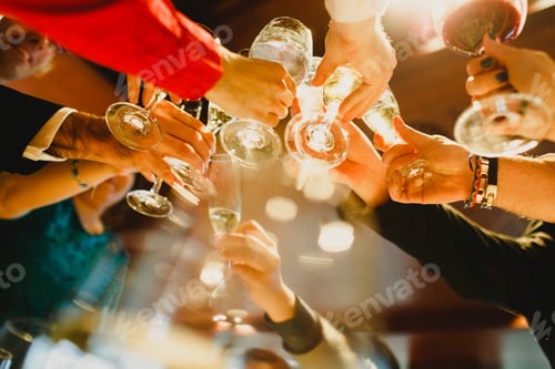 Preview: Young people partying making toast with glasses and drinking alcohol.