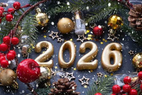 Visualização: As figuras douradas (20-26) feitas de velas em um fundo de ardósia de pedra preta são decoradas com um festi.