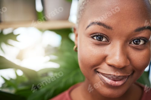 Preview: Portrait, plants and flare with a black woman gardener in her home for sustainability or green grow