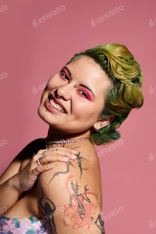 Preview: Vibrant young woman showcases bold fashion with striking makeup against a pink backdrop