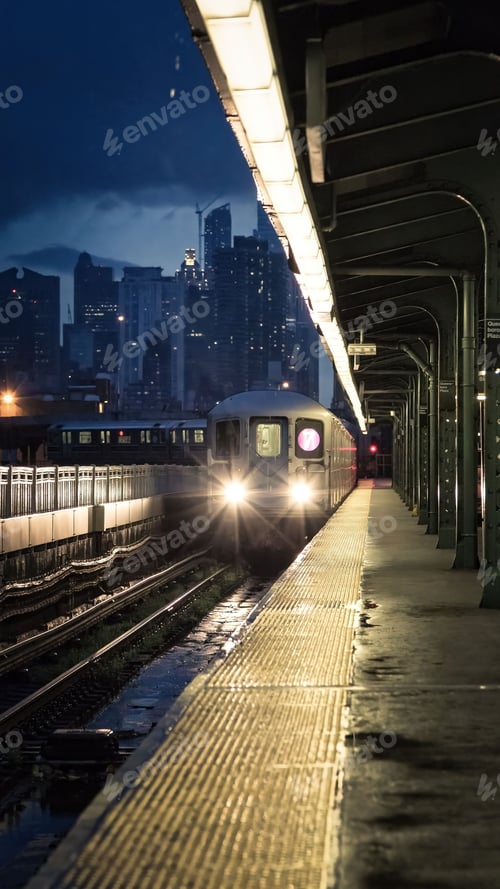 Preview: Vertical of a train arriving at a station with the New York city skyscrapers in the background