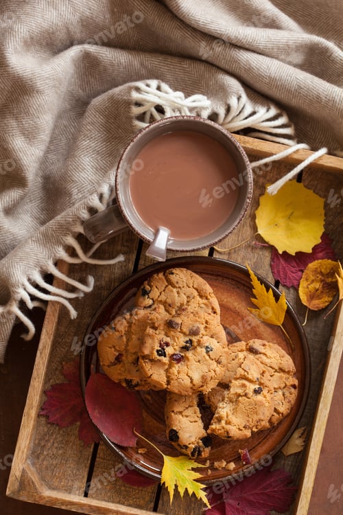 Preview: hot chocolate warming drink wool throw cozy autumn leaves cookie
