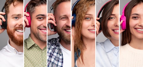 Preview: Happy young people listening to music with headphones