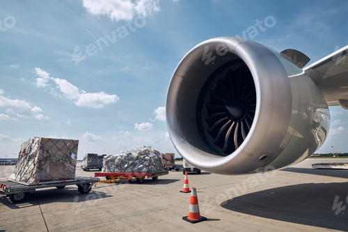 Preview: Preparation freight airplane at airport. Loading of cargo containers against jet engine of plane.