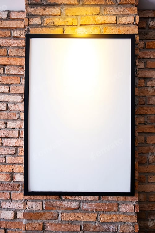 Preview: Mock up poster on brick wall. Template display for adverting or branding in loft style interior.