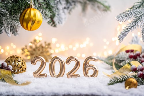 Visualização: Cena dourada de Ano Novo de 2026 com ornamentos e neve
