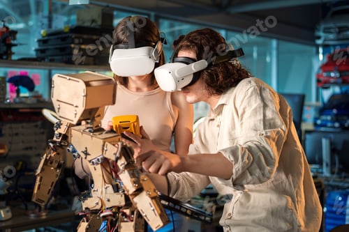 Preview: Young man and woman in VR glasses doing experiments in robotics in a laboratory