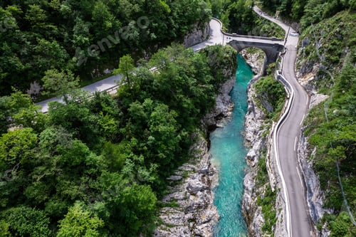 Preview: Aerial view of Napoleon Bridge near Kobarid over Soca river in Soca Valley, Slovenia
