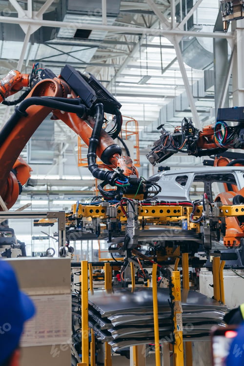 Preview: Automotive production line. Robotic Welding car body. Modern car Assembly plant