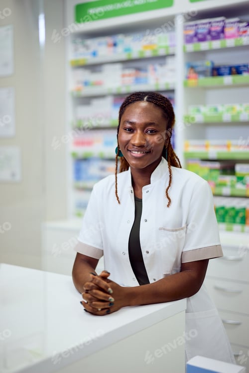 Preview: Friendly Pharmacist Smiling in a Modern Pharmacy Environment