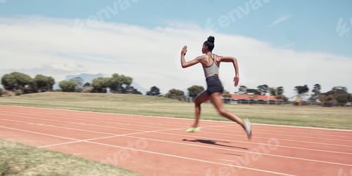 Preview: Runner, fitness and fast black woman in stadium for professional race, competition or training. Spr