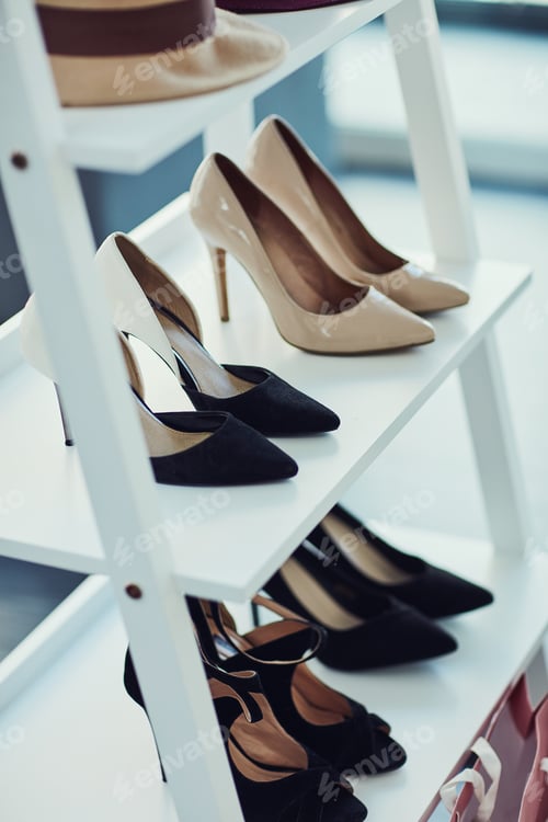 Preview: Styling with shoes. Shot of high heels on display in a store.