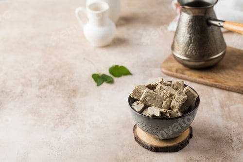 Preview: Pieces of halva in bowl and a coffee turk. Oriental sweetness. Copy space.