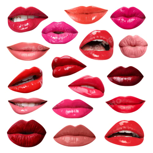 Preview: Female lips with lipsticks of different shades on white background, collage
