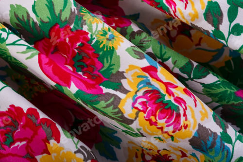 Preview: Texture Of A Fabric In A Flower. Close Up Of Retro Tapestry Fabric Pattern With Classical Image Of