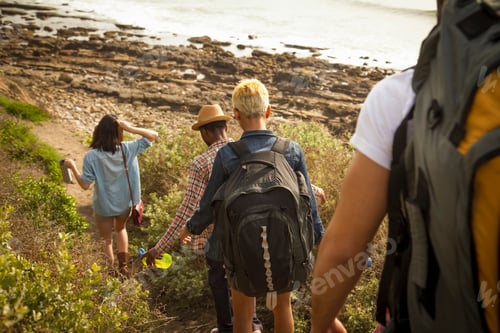 Preview: Group of friends walking down towards beach, rear view