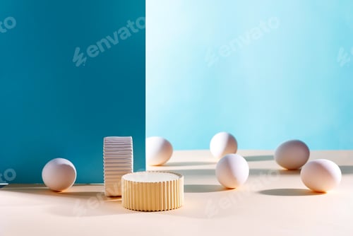 Preview: Easter background. White eggs with stone podiums on a blue background