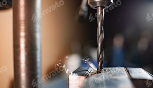 Preview: Drilling process with shavings close-up at the workplace in workshop