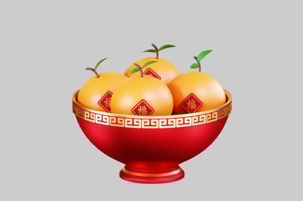 Preview: Bowl with gold trim and four oranges.