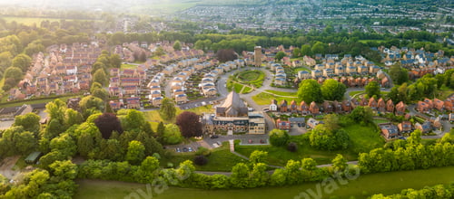 Preview: Aerial drone view of the Cane Hill area in Coulsdon, UK, with new houses and apartments.