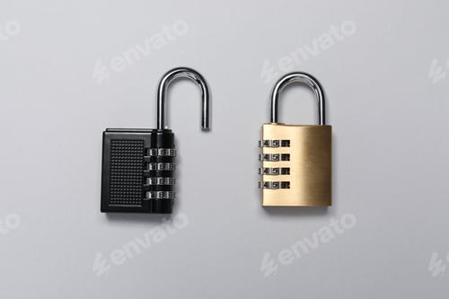 Preview: Steel combination padlocks on grey background, top view