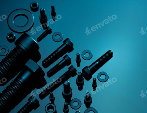 Preview: Metal Bolts, nuts, and washers. Fasteners equipment. Hardware tools. Stud bolt, flat washers, hex