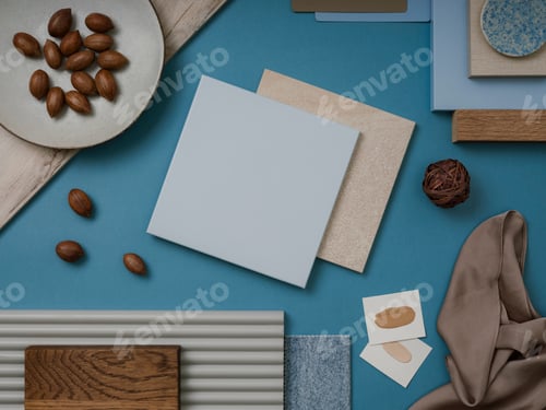 Preview: Elegant flat lay composition in blue, brown and beige color palette with textile and paint samples