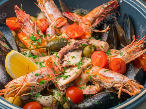 Preview: Seafood, shrimps with tomato. Exotic food