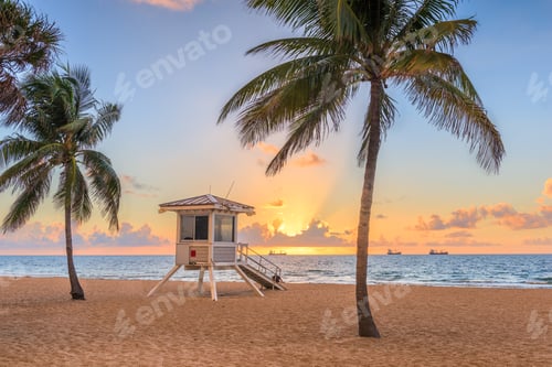 Preview: Fort Lauderdale, Florida, USA beach and life guard tower at sunr