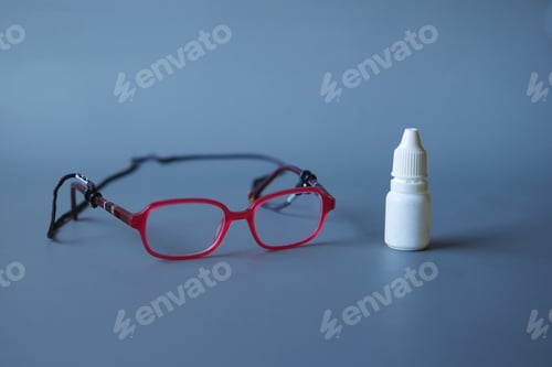 Preview: close up of eye drop bottle and eyeglass on black