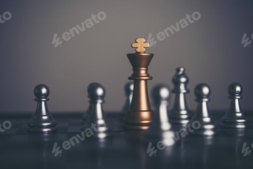 Preview: King and Knight of chess setup on dark background . Leader and teamwork concept for success.
