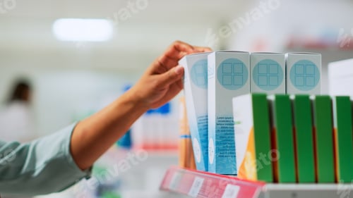 Preview: Asian customer putting boxes of drugs in basket